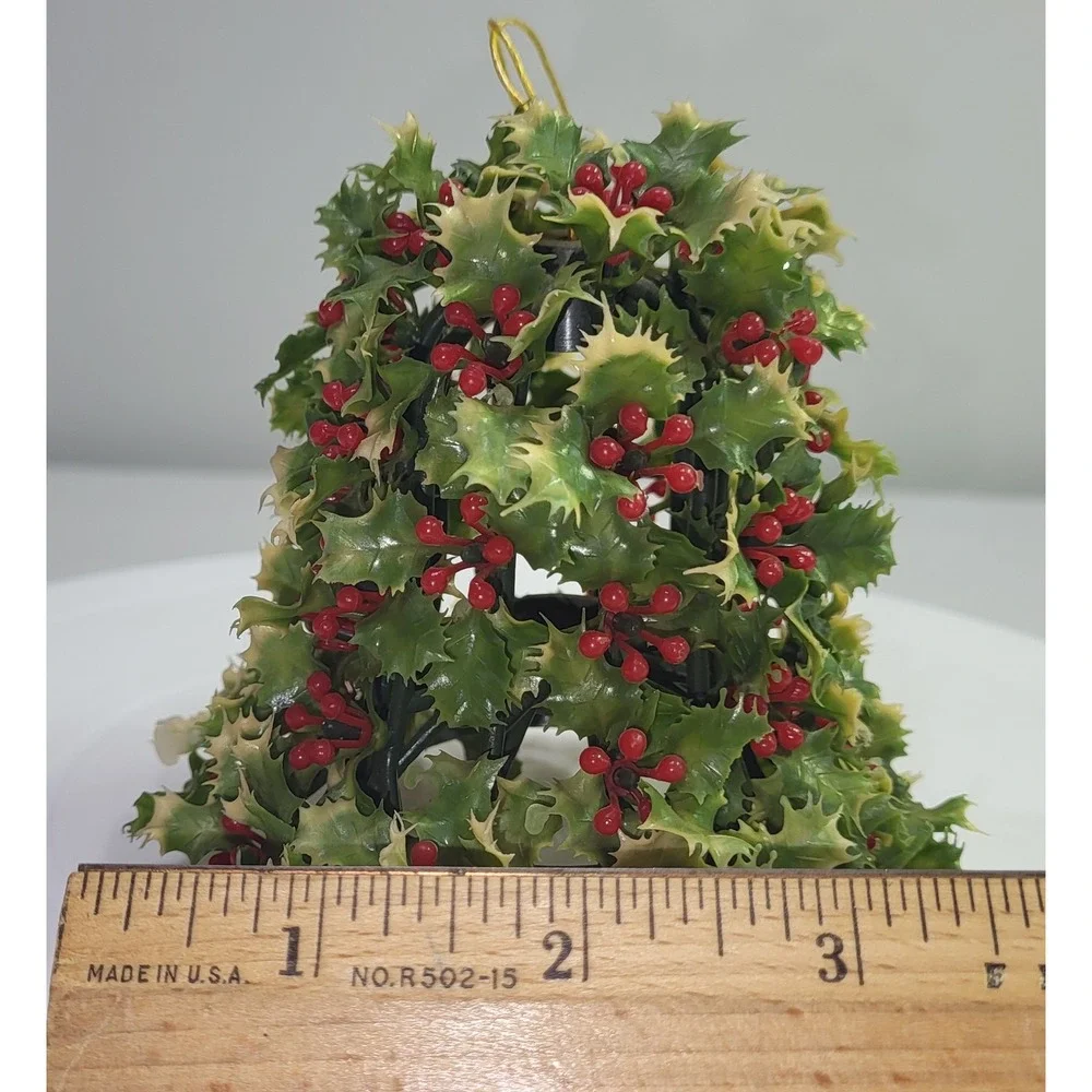 Christmas Bell Plastic Ornament Green Holly Berry Vintage Style